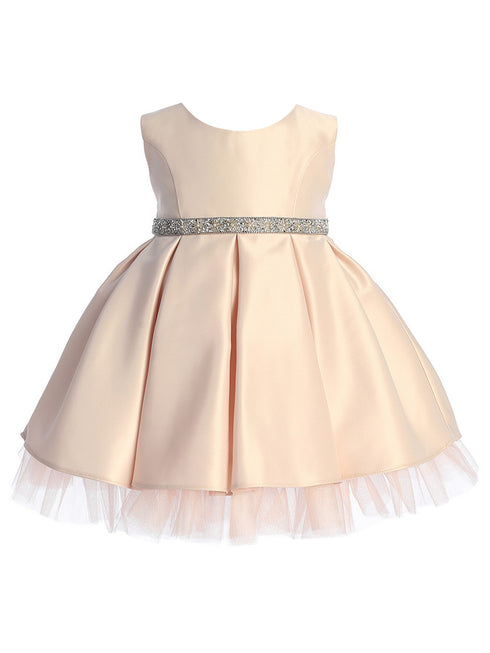 Sweet Kids Baby Girls Satin Dress with Pleated Skirt, Crystal Tulle Hem and Rhinestone Waist Trim, Sizes 6-24Months - SophiasStyle.com